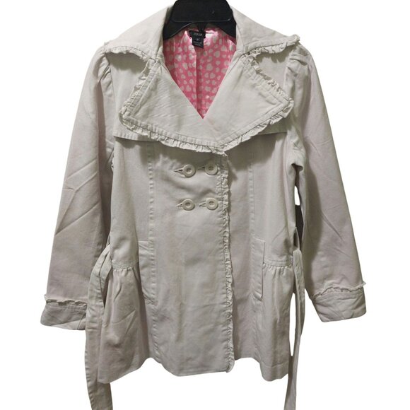 NWOT Aziz White Double-Breasted Belted Trench Coat With Ruffle Accents Medium - Picture 8 of 11